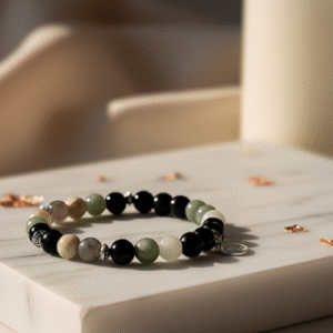 The Orator's Anchor grounded communication and protection bracelet with Obsidian, Amazonite, and Tourmaline.