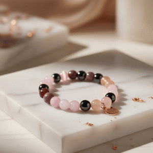 The Aura Balance love and protection crystal bracelet with Kunzite, Hematite, and Indian Agate.