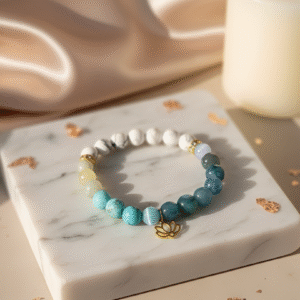 The Harmonious Voice bracelet for calm and clear communication, with Aquamarine, Turquoise, and Howlite.