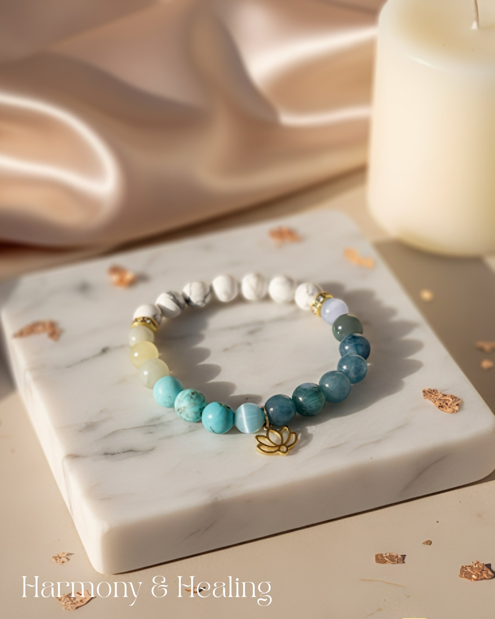 The Harmonious Voice bracelet for calm and clear communication, with Aquamarine, Turquoise, and Howlite.