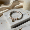 The Inner Peace anxiety and stress relief bracelet with Pink Zebra Jasper and Matte White Agate.