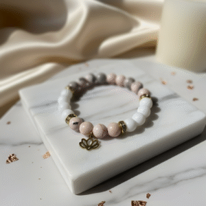 The Inner Peace anxiety and stress relief bracelet with Pink Zebra Jasper and Matte White Agate.