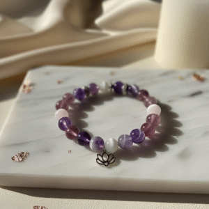 The Mystic's Insight spiritual protection and intuition bracelet with purple Amethyst and Lepidolite stones.