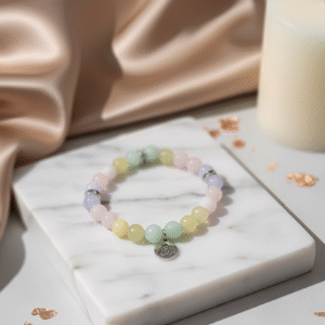 The Fortunate Heart love and good fortune bracelet with pastel pink Morganite and green Burmese Jade.