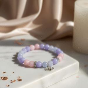 The Angelic Harmony bracelet for angelic connection and healing, with pastel Kunzite, Aquamarine, and Angelite.