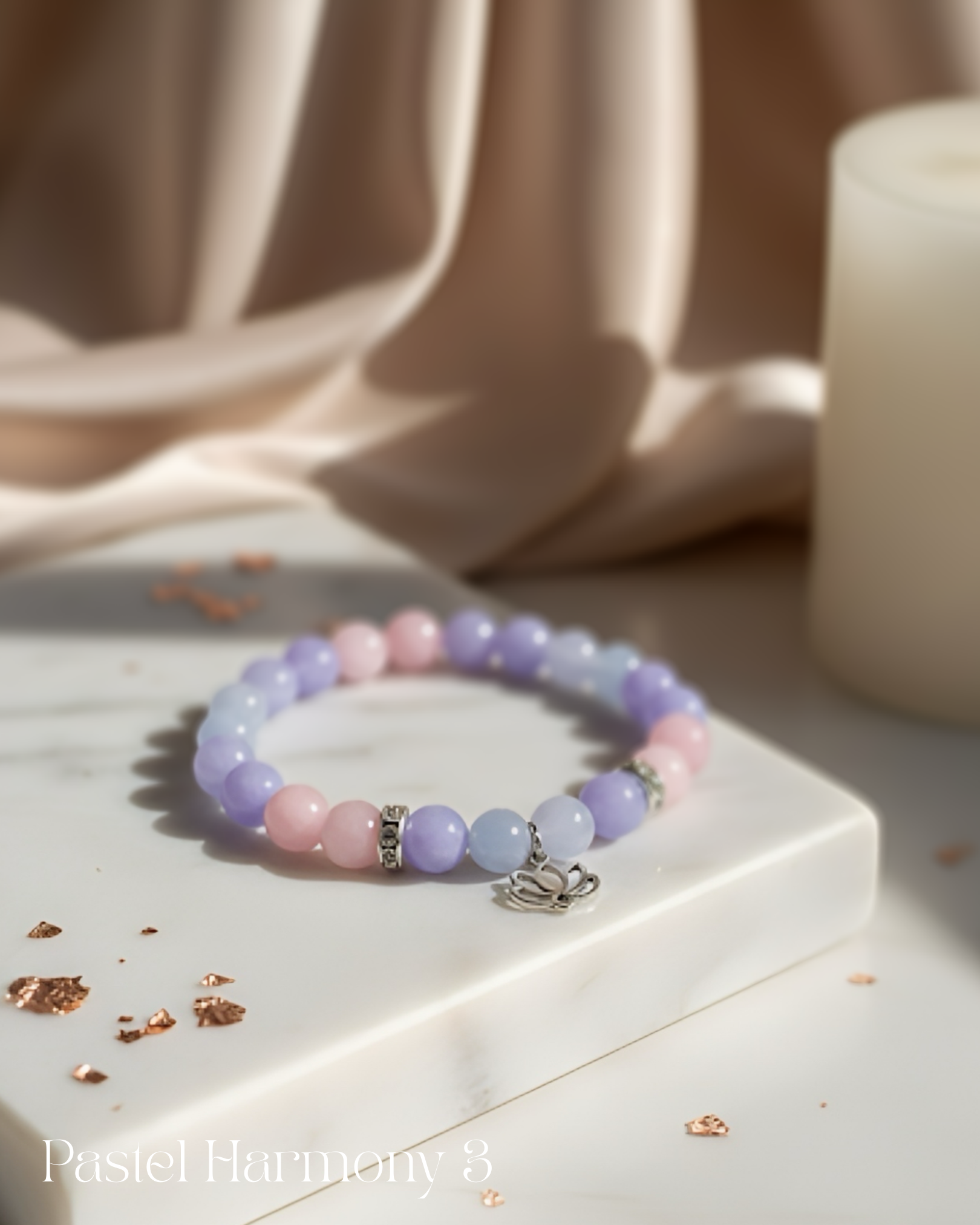 The Angelic Harmony bracelet for angelic connection and healing, with pastel Kunzite, Aquamarine, and Angelite.