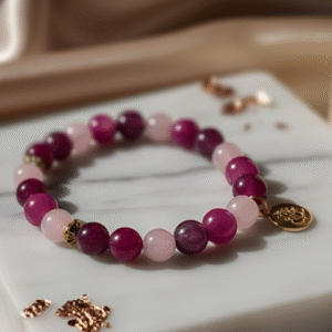The Phoenix Renewal bracelet for change and emotional healing with purple Lepidolite and pink Kunzite stones.