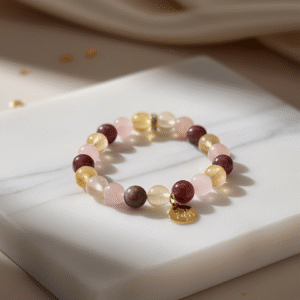 Mutelu Jubilee's Trinity of Radiance bracelet with Rose Quartz, Citrine, and Indian Agate stones.