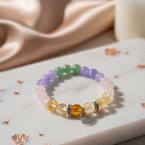 The Abundance Spectrum manifestation bracelet for love and success, with colorful Citrine, Rose Quartz, and Green Aventurine.