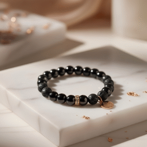 The Titan's Resolve men's strength and protection bracelet featuring Lava Stone, Obsidian, and Hematite.